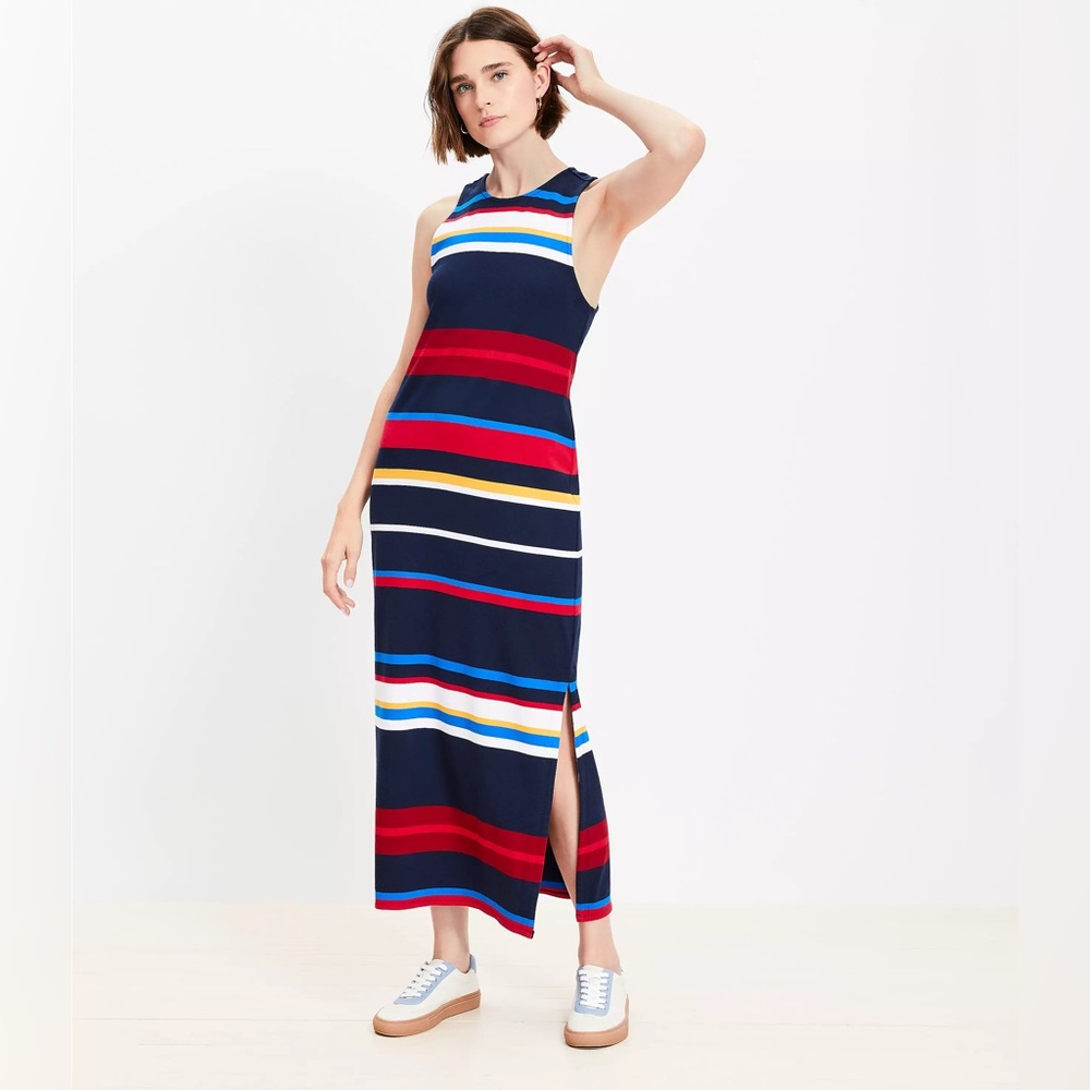 NWT‎ LOFT Petites Striped Racerback Midi Dress XXSP XXS Petite Navy Sleeveless